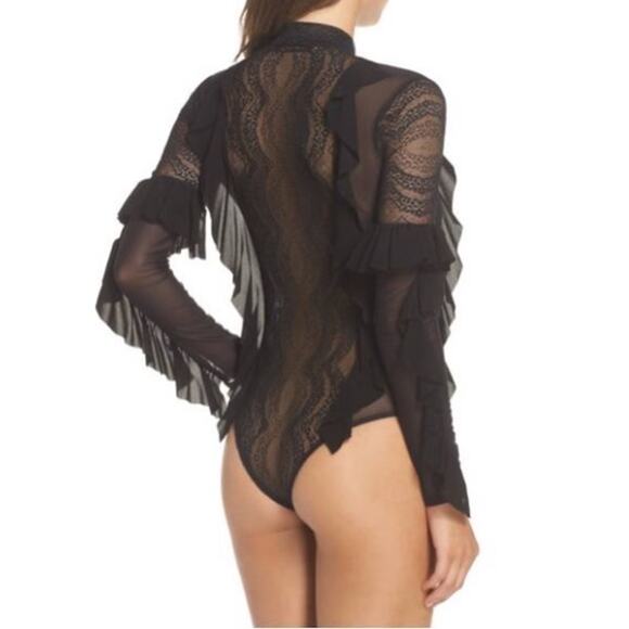 Skivvies for Love & Lemons Eva Lace Ruffle Thong Bodysuit Black Size Medium - Picture 3 of 11